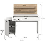 Moderner Schreibtisch mit Holzregalaufsatz, Schublade und seitlichem Schrank, Frontalansicht