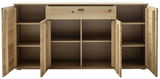 Frontale Ansicht eines Sideboards aus Holz mit offenen Türen und Schublade, zeigt mehrere Fächer zur Aufbewahrung.