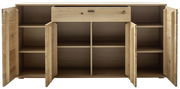 Frontale Ansicht eines Sideboards aus Holz mit offenen Türen und Schublade, zeigt mehrere Fächer zur Aufbewahrung.