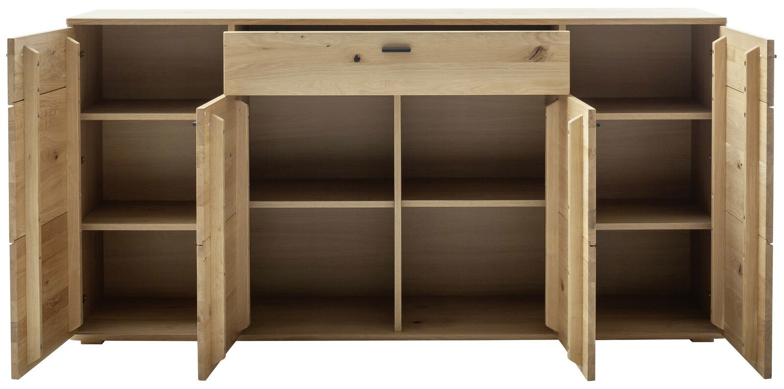 Frontale Ansicht eines Sideboards aus Holz mit offenen Türen und Schublade, zeigt mehrere Fächer zur Aufbewahrung.