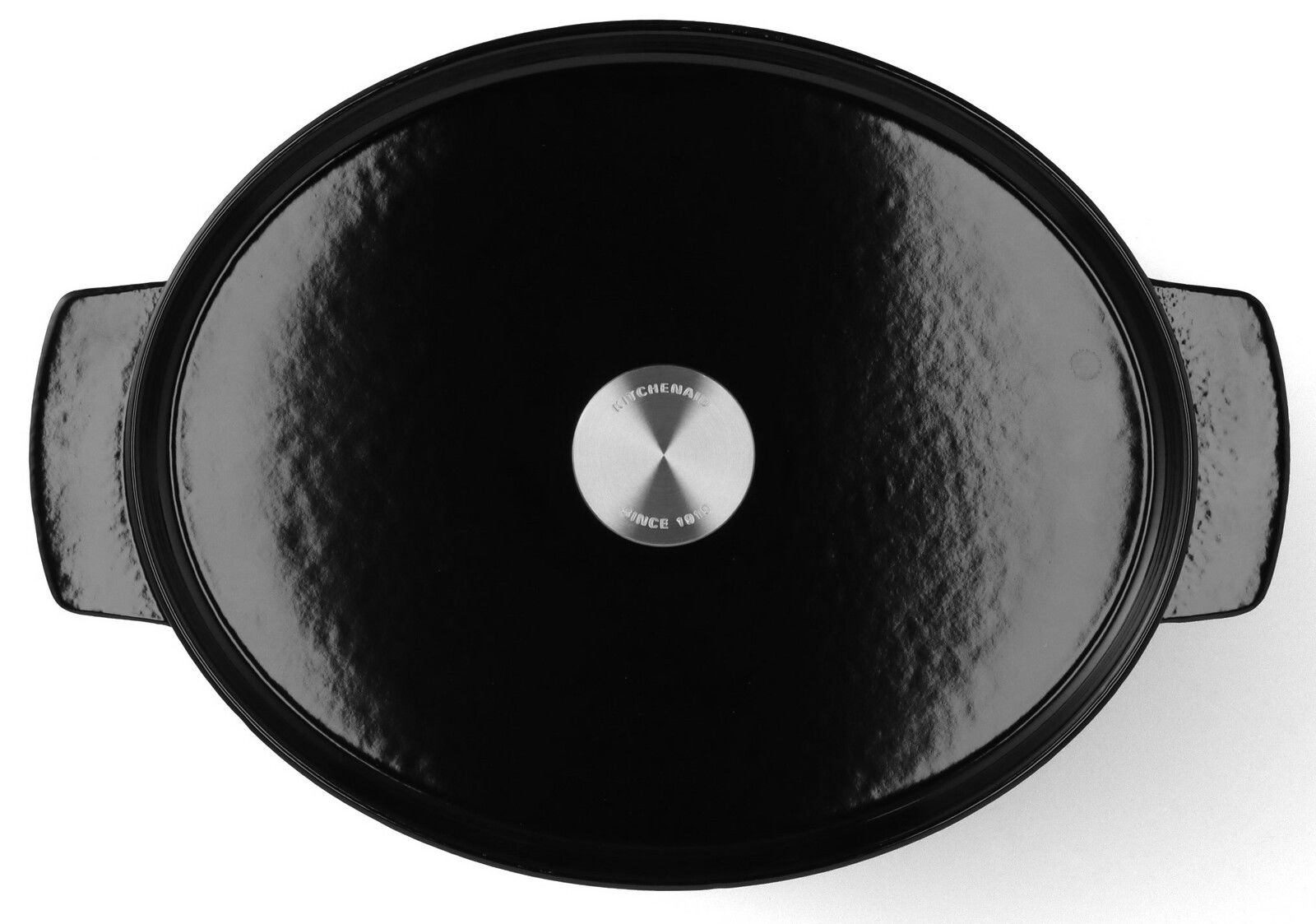 Schwarzer ovaler Gusseisen-Bräter mit Deckel, Draufsicht