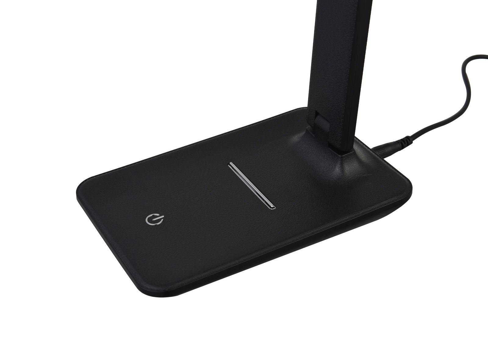 Nahaufnahme der Basis einer schwarzen LED-Schreibtischleuchte Timezo mit Touch-Bedienfeld und Stromkabel.