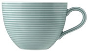 Seitliche Ansicht einer gestreiften, hellblauen Milchkaffeetasse mit Henkel, 0,35l.