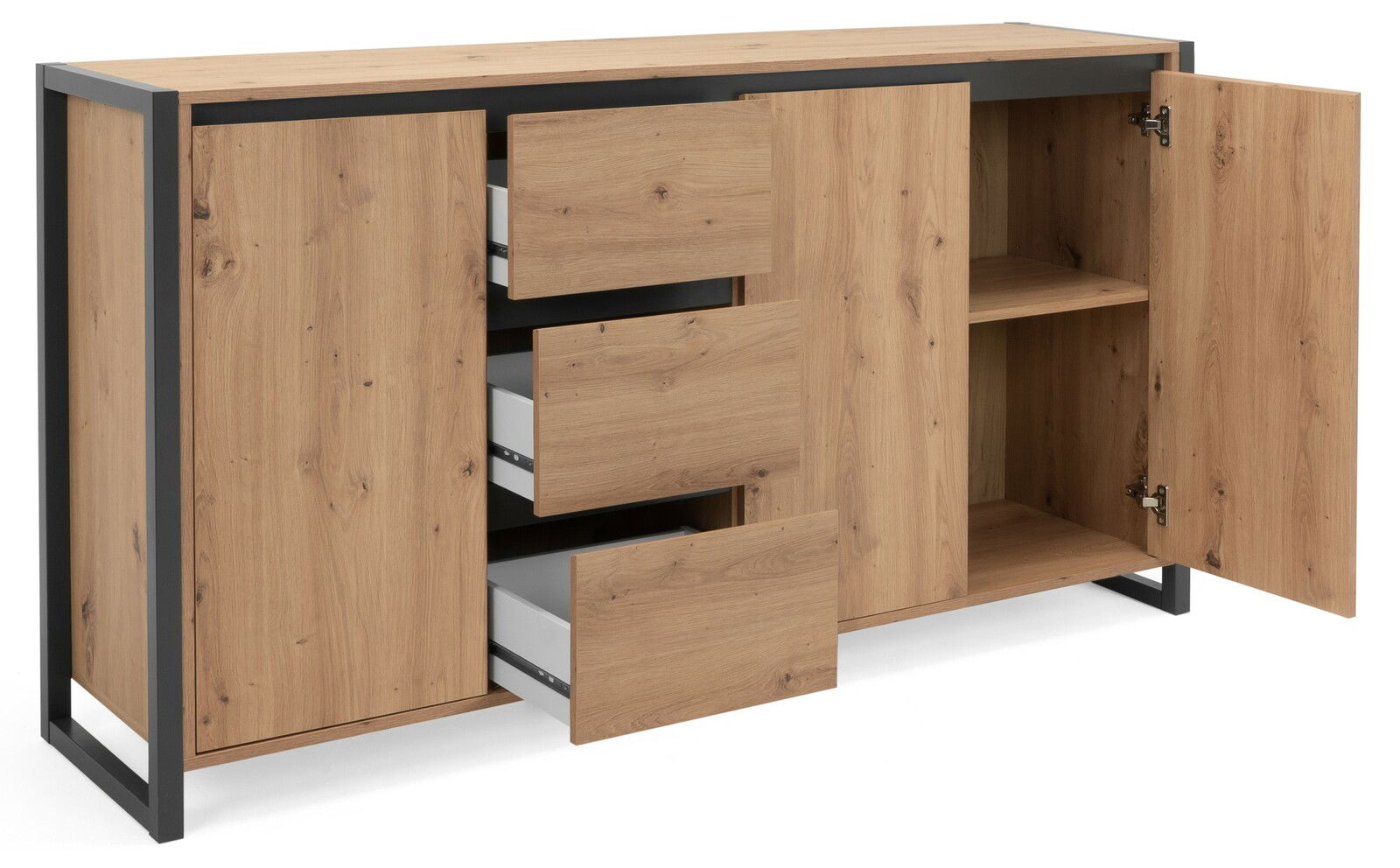 Sideboard aus Holz mit Metallrahmen, offene Schubladen und Türen, seitliche Perspektive