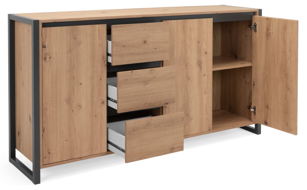 Houten dressoir met metalen frame, open lades en deuren, zijaanzicht
