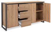Houten dressoir met metalen frame, open lades en deuren, zijaanzicht
