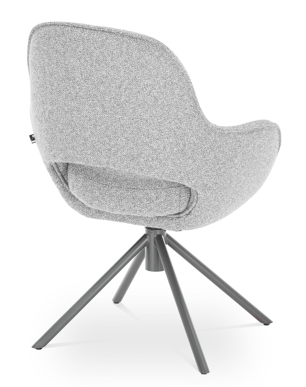 Rückansicht eines grauen Armlehnstuhls mit modernem Design und vier Metallbeinen.