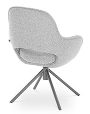 Rückansicht eines grauen Armlehnstuhls mit modernem Design und vier Metallbeinen.