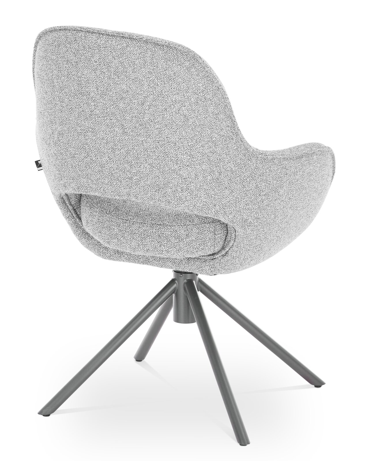 Rückansicht eines grauen Armlehnstuhls mit modernem Design und vier Metallbeinen.