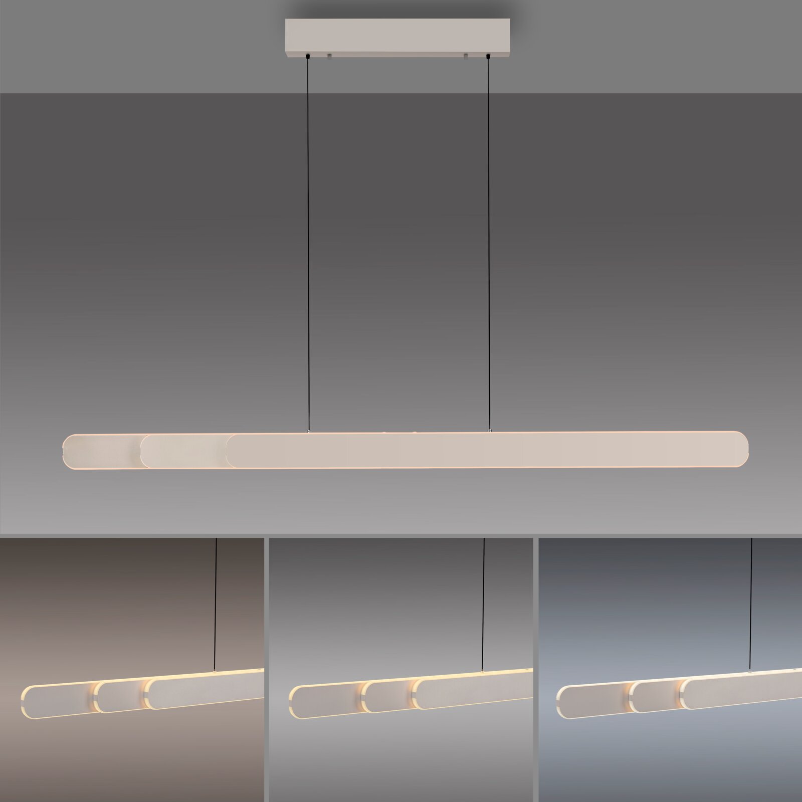 Moderne, längliche LED-Pendelleuchte in Weiß/Creme mit abgerundeten Ecken und warmem Licht, an zwei schwarzen Kabeln mit rechteckigem Baldachin aufgehängt, Frontansicht leicht von unten