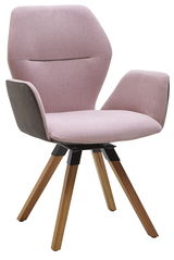 Moderner Armlehnenstuhl mit rosa Polsterung und Holzbeinen, seitliche Perspektive
