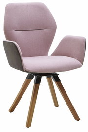 Moderner Armlehnenstuhl mit rosa Polsterung und Holzbeinen, seitliche Perspektive