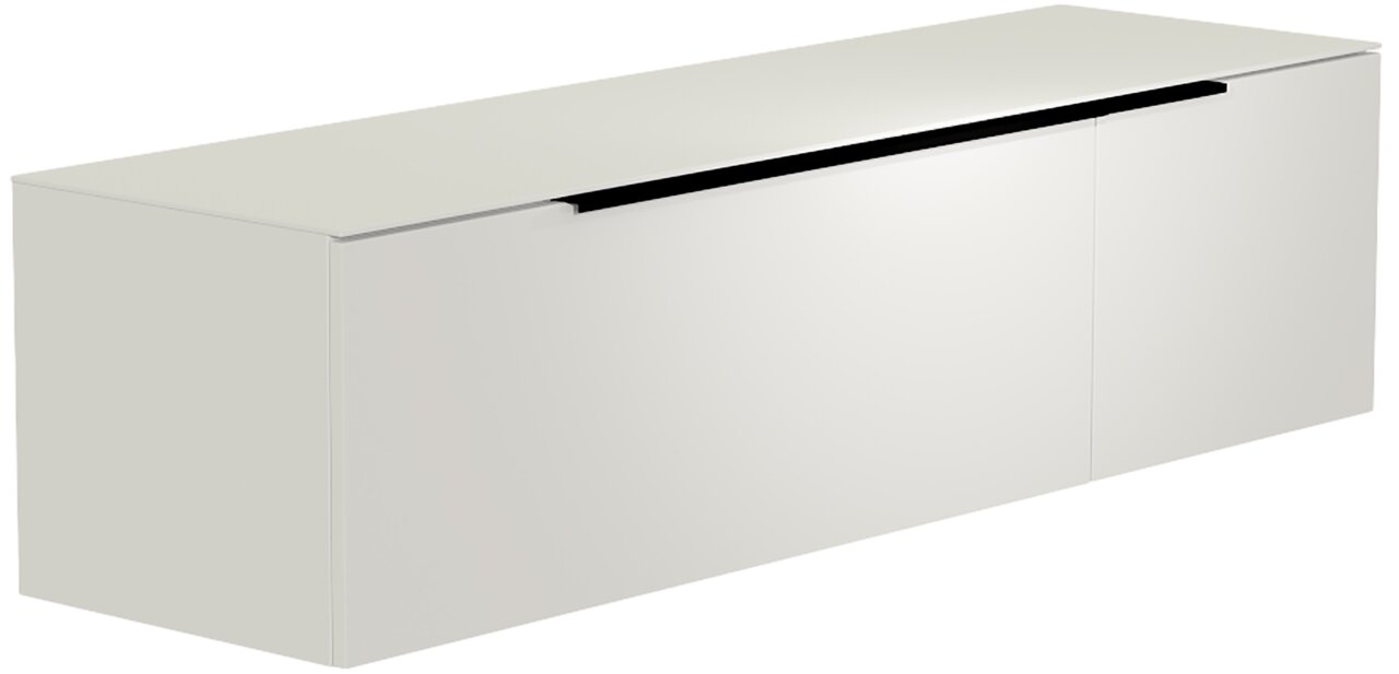 Weißes Hänge-Lowboard mit zwei Türen, seitliche Perspektive