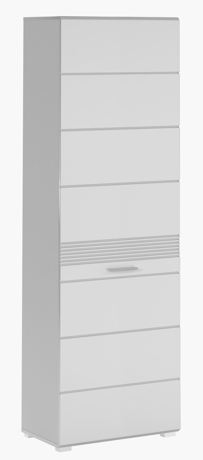 Moderner weißer Garderobenschrank mit mehreren Schubladen, seitliche Perspektive