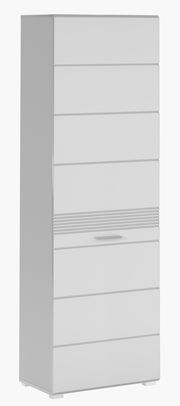 Moderner weißer Garderobenschrank mit mehreren Schubladen, seitliche Perspektive