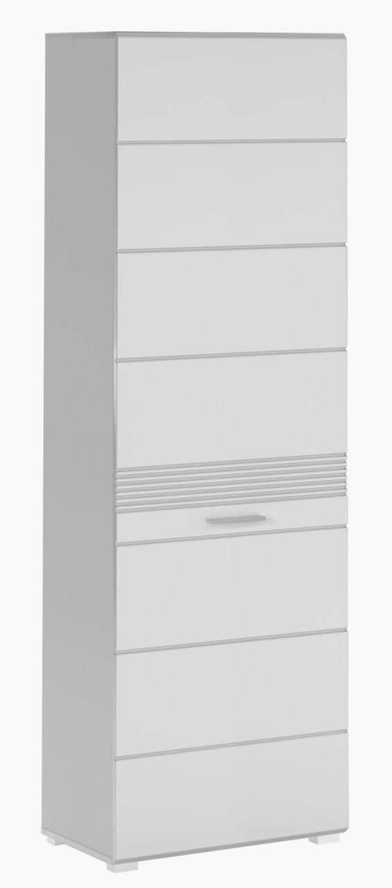 Moderner weißer Garderobenschrank mit mehreren Schubladen, seitliche Perspektive