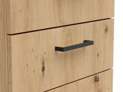 Nahaufnahme einer Kommode aus hellem Holz mit schwarzem Griff, Frontansicht