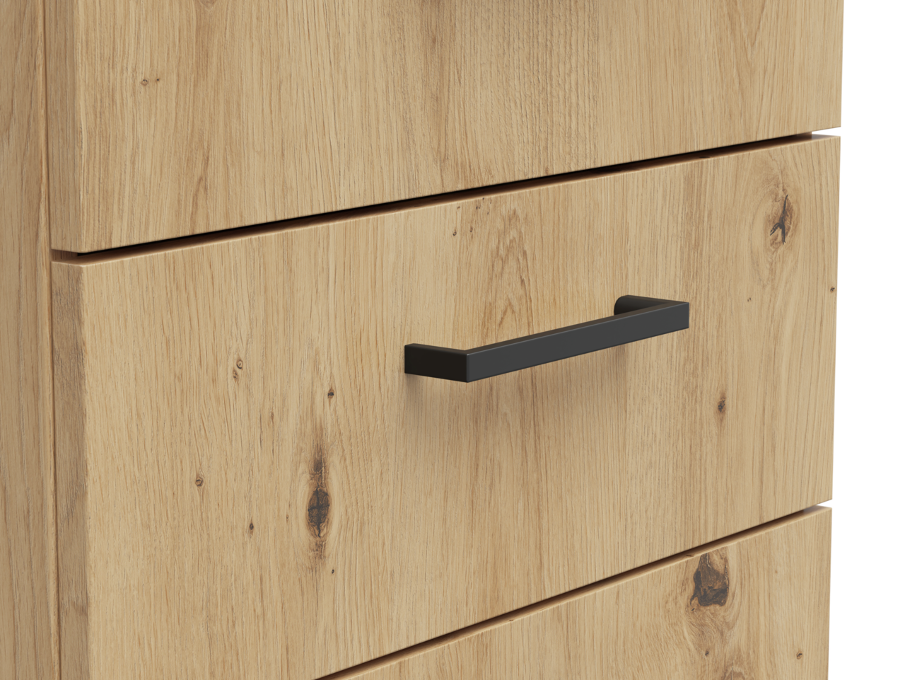 Nahaufnahme einer Kommode aus hellem Holz mit schwarzem Griff, Frontansicht