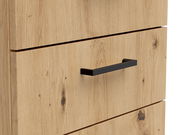 Nahaufnahme einer Kommode aus hellem Holz mit schwarzem Griff, Frontansicht
