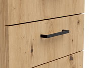 Nahaufnahme einer Kommode aus hellem Holz mit schwarzem Griff, Frontansicht