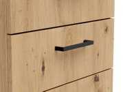 Nahaufnahme einer Kommode aus hellem Holz mit schwarzem Griff, Frontansicht