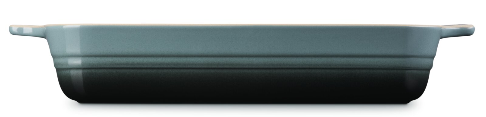 Seitliche Ansicht einer 25 cm Auflaufform in der Farbe Ocean mit zwei Griffen.