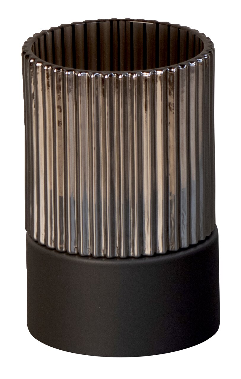 Fischer & Honsel ARIVA PRO windlicht op batterijen Zylindrisches Akku-Windlicht mit geriffeltem, glänzendem Oberteil und mattem Sockel, seitliche Perspektive