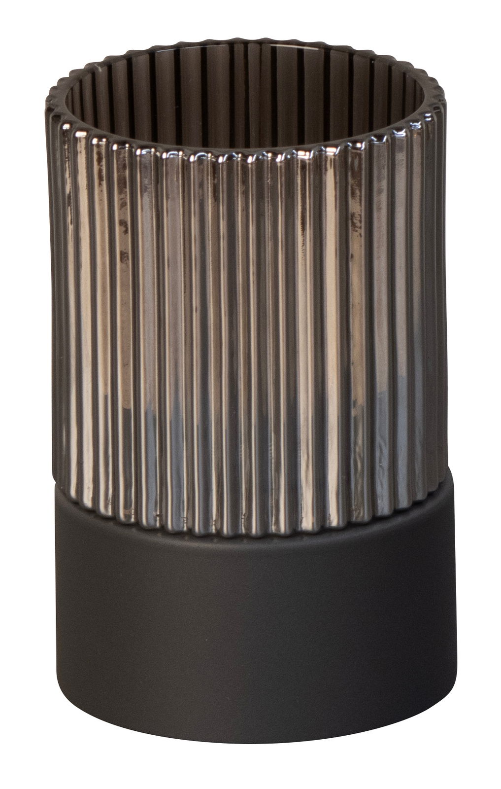 Fischer & Honsel Akku-Windlicht ARIVA PRO Zylindrisches Akku-Windlicht mit geriffeltem, glänzendem Oberteil und mattem Sockel, seitliche Perspektive