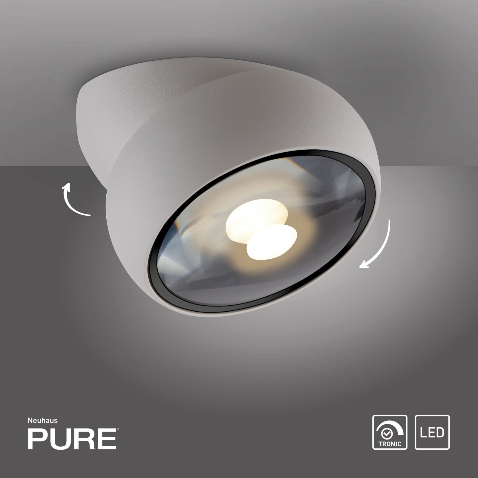 Moderne witte led-plafondlamp met draaibaar ontwerp, gezien van onderaf.