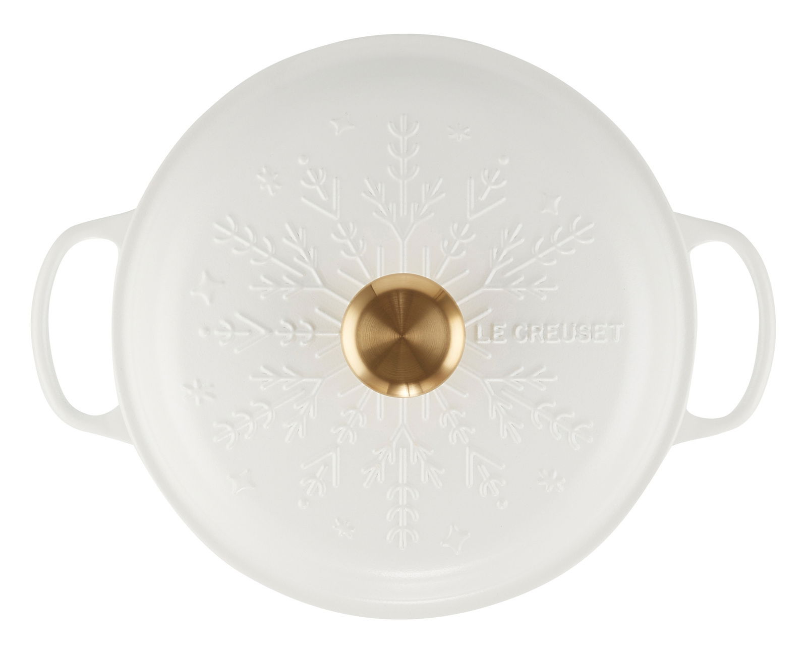 Top-Ansicht eines weißen Gourmet-Profipfanne mit Schneeflocken-Design und goldfarbenem Knauf.