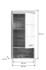 Hängeschrank mit weißer Tür und Holzoptik, offene Perspektive, Maße: 79 cm hoch, 37 cm breit, 21 cm tief