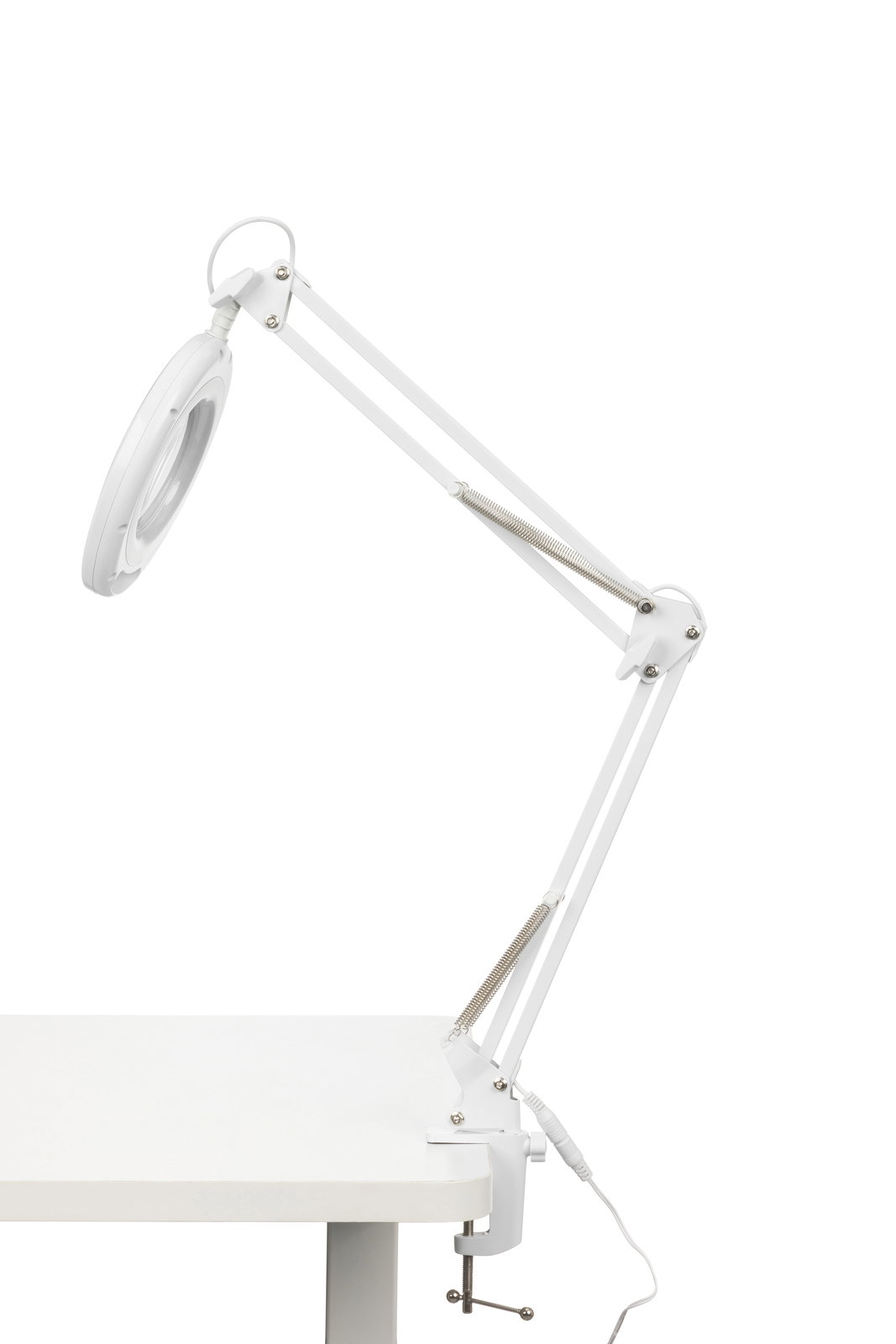 Weiße Schreibtischleuchte mit verstellbarem Arm, seitliche Perspektive