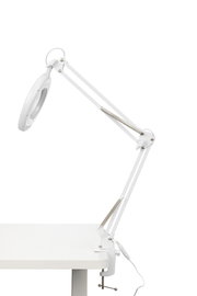 Weiße Schreibtischleuchte mit verstellbarem Arm, seitliche Perspektive