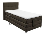 Boxspringbett in seitlicher Perspektive mit dunkelbraunem Stoffbezug und weißer Matratze, ausgestattet mit einer Fernbedienung.