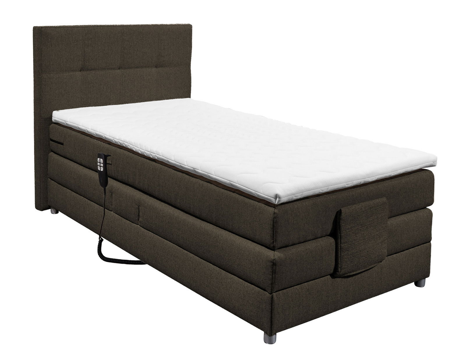 Boxspringbett in seitlicher Perspektive mit dunkelbraunem Stoffbezug und weißer Matratze, ausgestattet mit einer Fernbedienung.