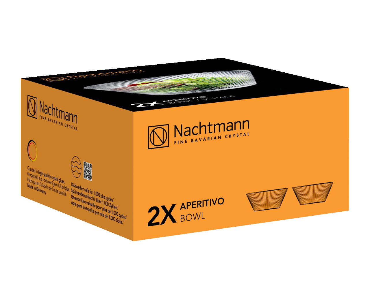 Verpackung der Nachtmann Aperitivo Schale, 2-teilig, aus feinem Kristallglas, perspektivische Ansicht von der Seite.