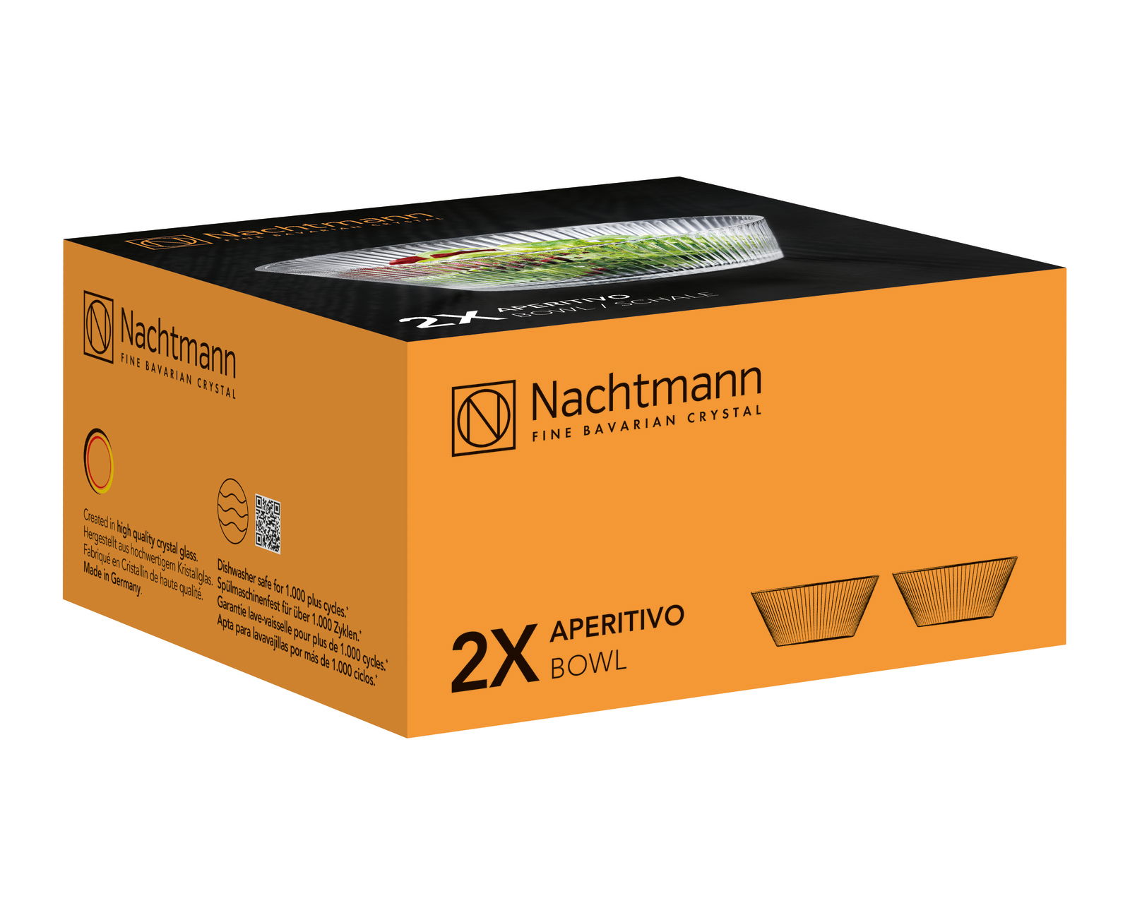 Verpackung der Nachtmann Aperitivo Schale, 2-teilig, aus feinem Kristallglas, perspektivische Ansicht von der Seite.