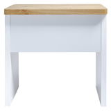 Moderner Schreibtisch mit weißem Korpus und Holzplatte, Frontalansicht