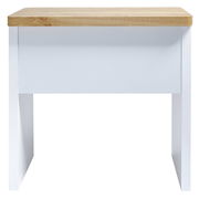 Moderner Schreibtisch mit weißem Korpus und Holzplatte, Frontalansicht