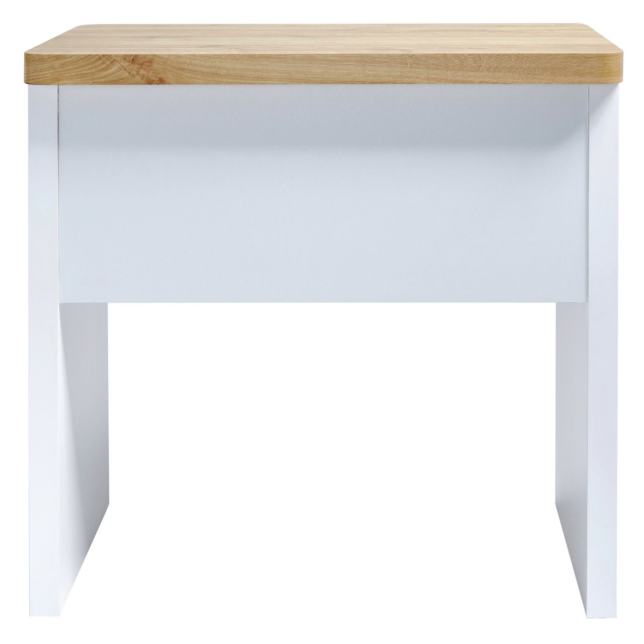 Moderner Schreibtisch mit weißem Korpus und Holzplatte, Frontalansicht