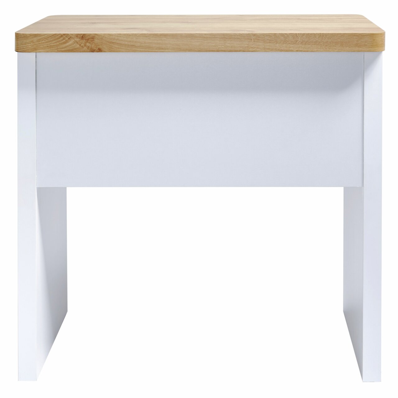 Moderner Schreibtisch mit weißem Korpus und Holzplatte, Frontalansicht