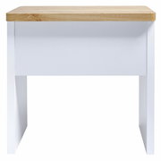 Moderner Schreibtisch mit weißem Korpus und Holzplatte, Frontalansicht