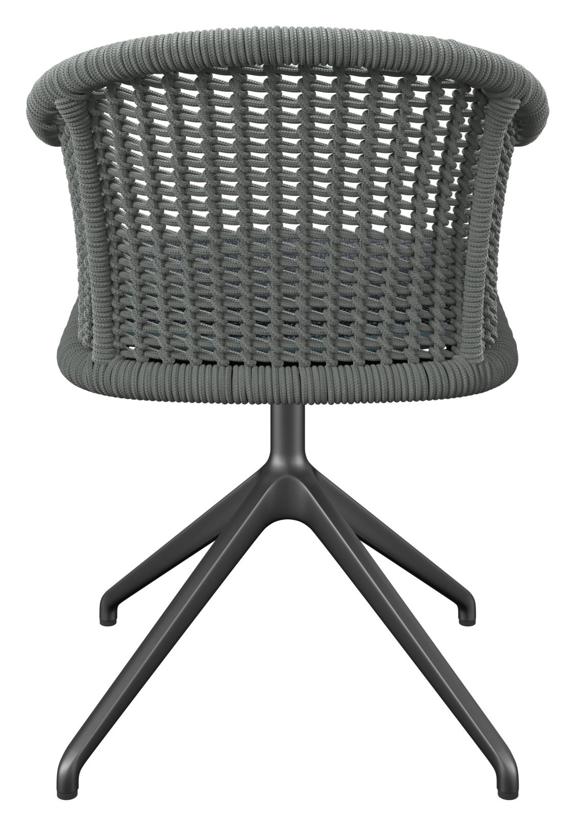 Rückansicht eines Armlehnstuhls mit geflochtener Rückenlehne und modernem Metallgestell.