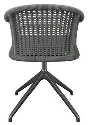 Rückansicht eines Armlehnstuhls mit geflochtener Rückenlehne und modernem Metallgestell.