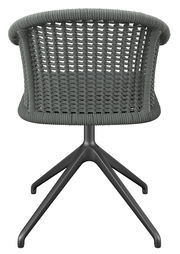 Rückansicht eines Armlehnstuhls mit geflochtener Rückenlehne und modernem Metallgestell.