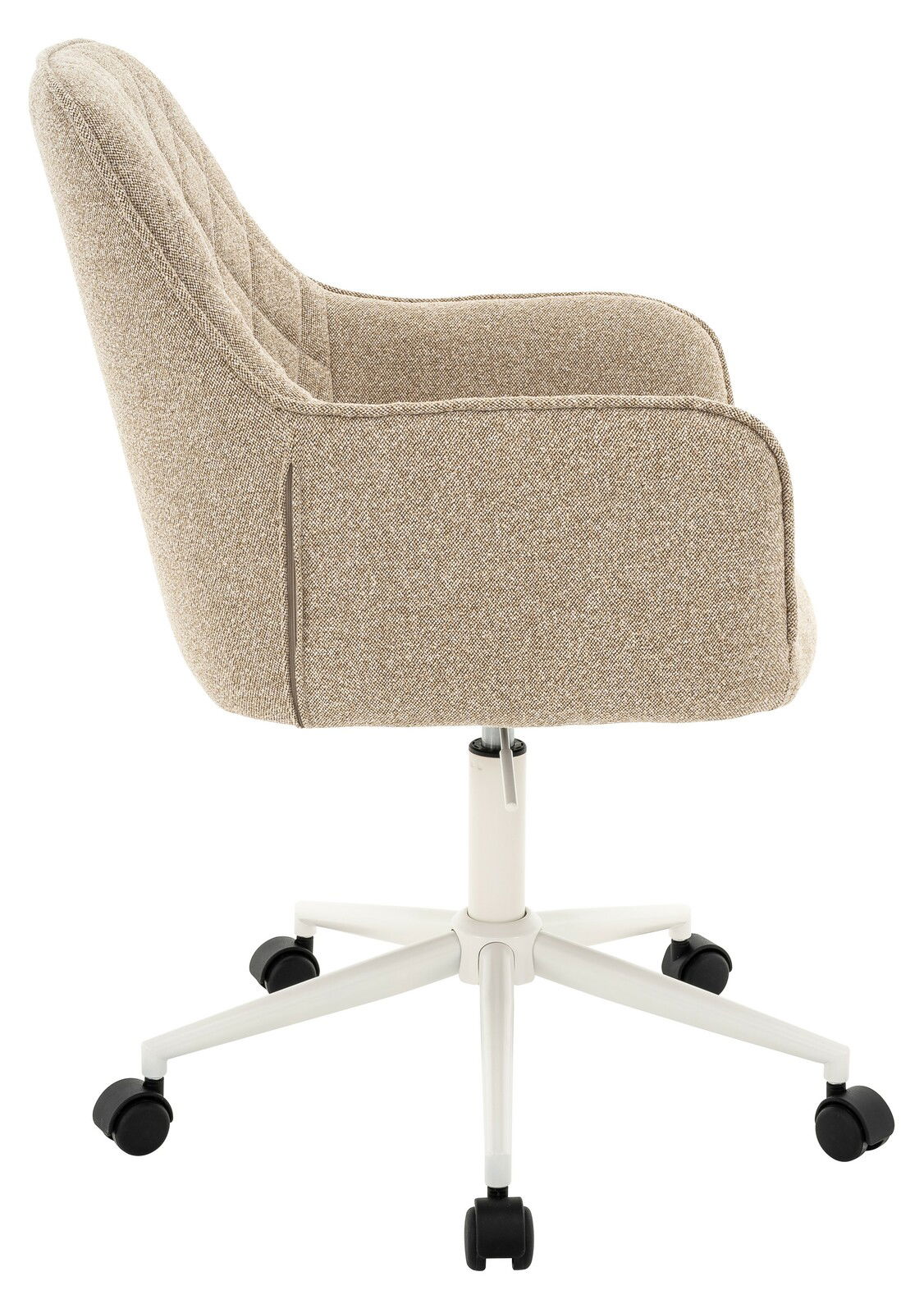 Seitenansicht eines beigen Drehstuhls mit gepolstertem Sitz und Rückenlehne, auf einem weißen, fünfarmigen Fuß mit Rollen.