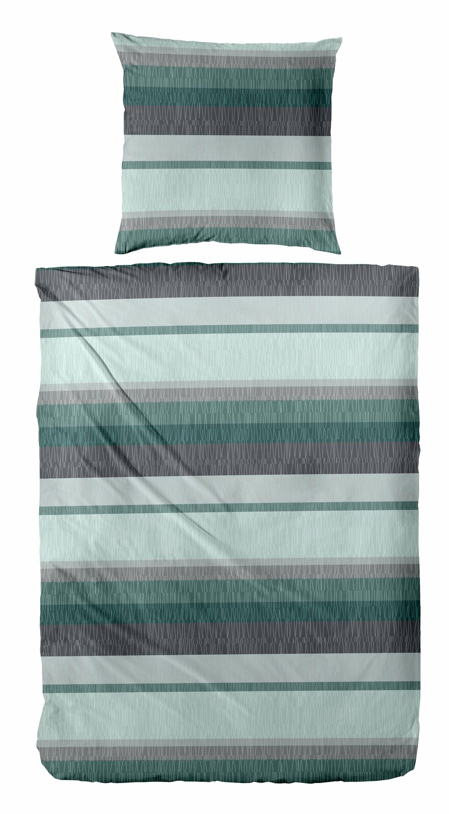 Bettwäsche-Set mit Streifenmuster in Grün- und Grautönen, Draufsicht