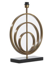 Moderner Lampenfuß aus Metall mit kreisförmigem Design, seitliche Perspektive