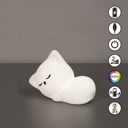 Schlafendes Katzen-Nachtlicht aus Akku, seitliche Perspektive, mit USB-Anschluss und RGBW-Farboptionen.