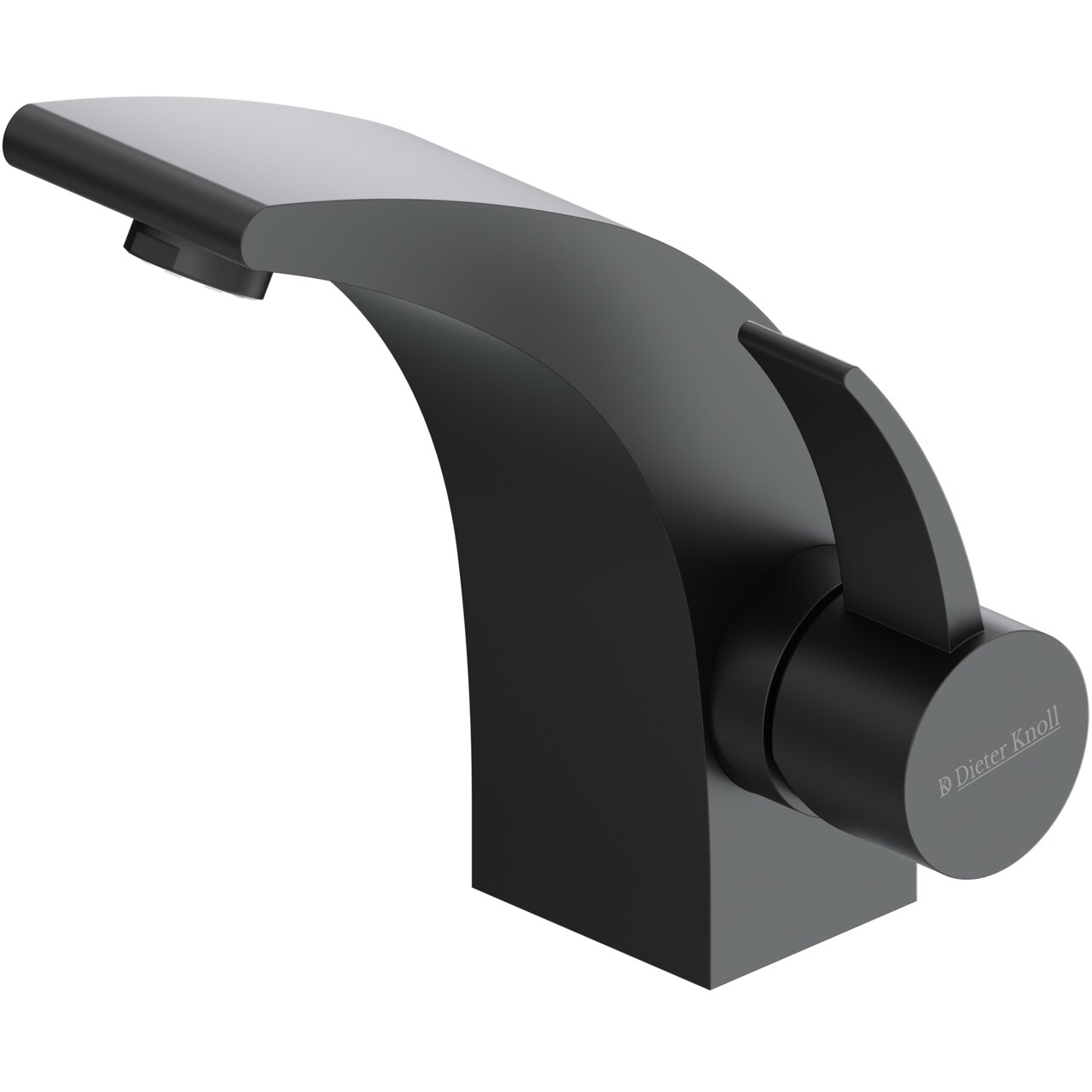 Dieter Knoll Waschtisch-Einhebelmischer Schwarze, moderne Waschtischarmatur mit gebogenem Auslauf und seitlichem Drehknopf, perspektivisch in schräger Seitenansicht von vorne auf weißem Hintergrund.